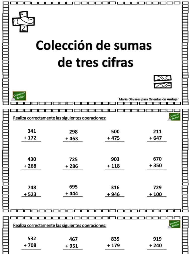 Colección de Fichas de Sumas de Tres Cifras | PDF
