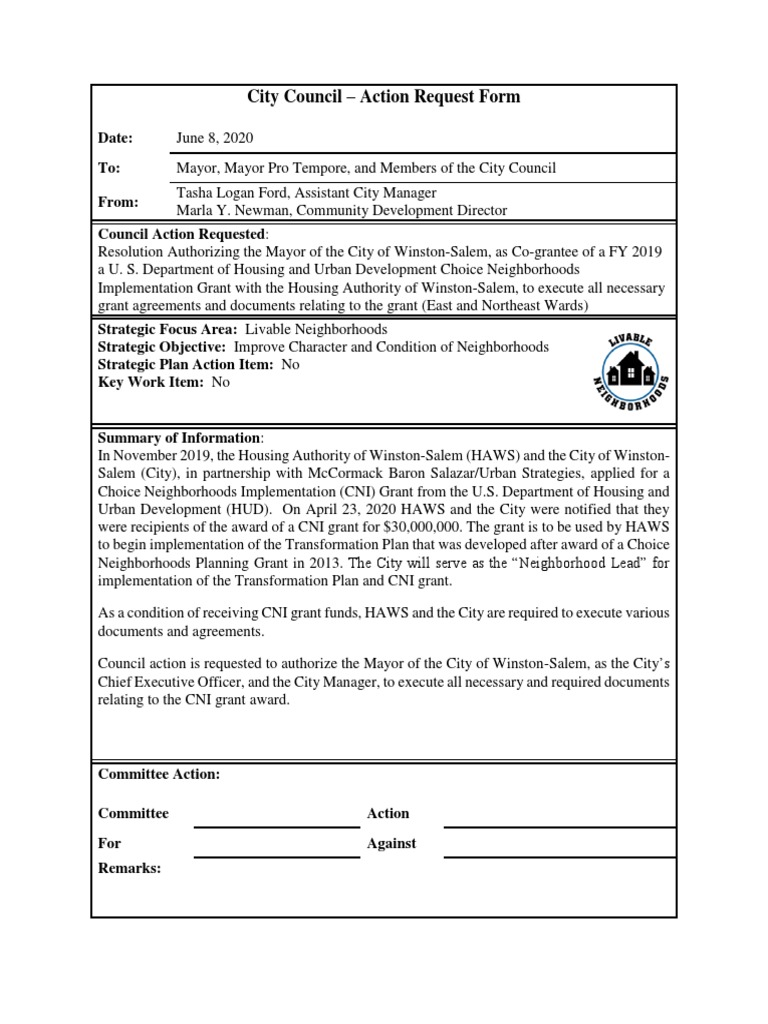 CNI Grant Authorization for Winston-Salem | PDF | Politics | Social Science