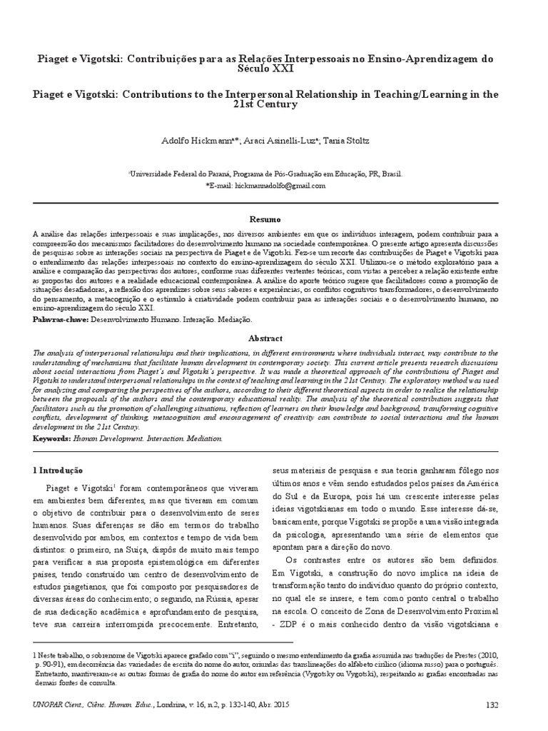 Piaget e Vigotski: Interações no Ensino XXI | PDF | Sociologia | Pensamento