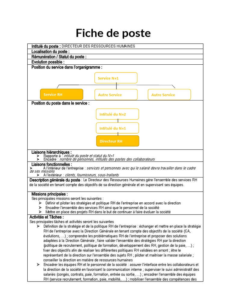 Modele Fiche Poste Drh Directeur Resources Humaines Odt Pdf Gestion Des Ressources Humaines Economie