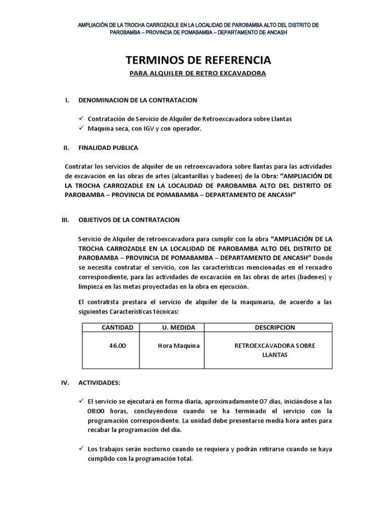 Alquiler de Retroexcavadora en Parobamba | PDF | Business