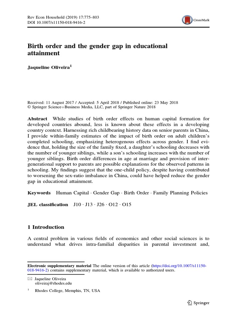 Birth Order and The Gender Gap in Educational Attainment | PDF ...
