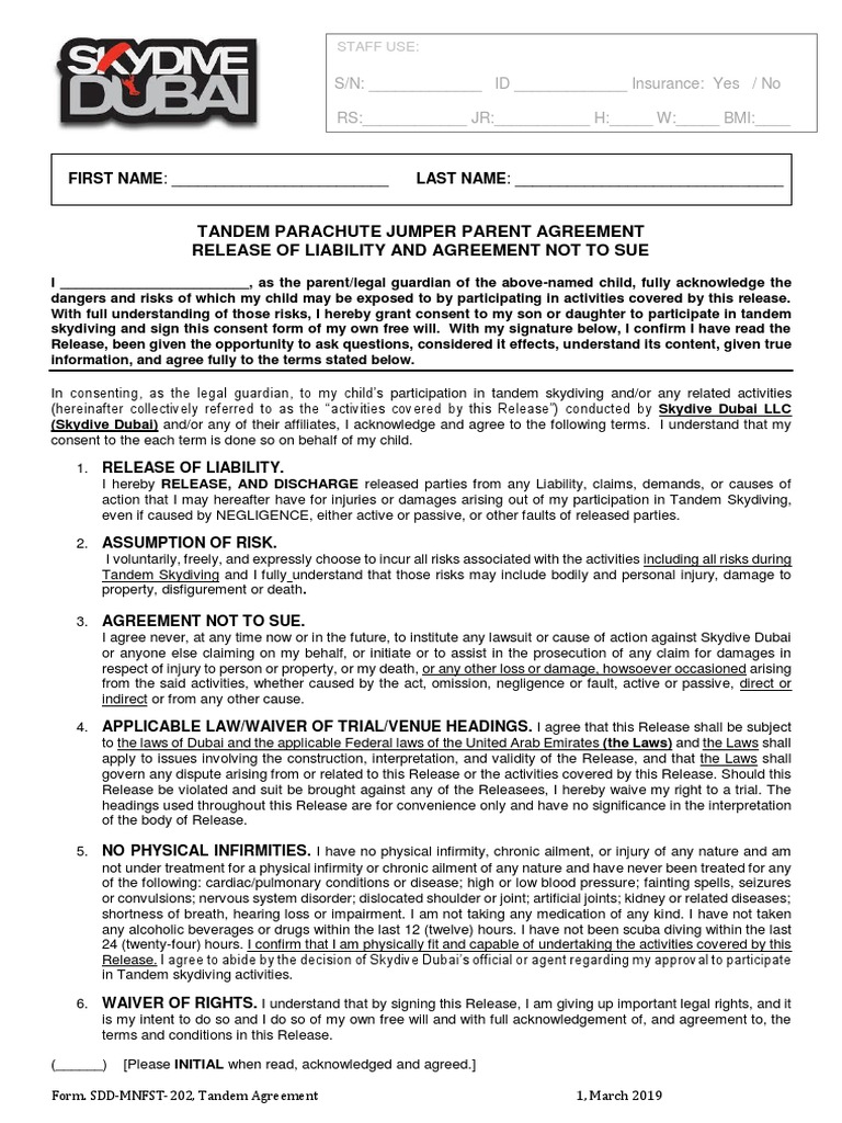 Skydive Consent Waiver PDF PDF Liability Insurance Consent