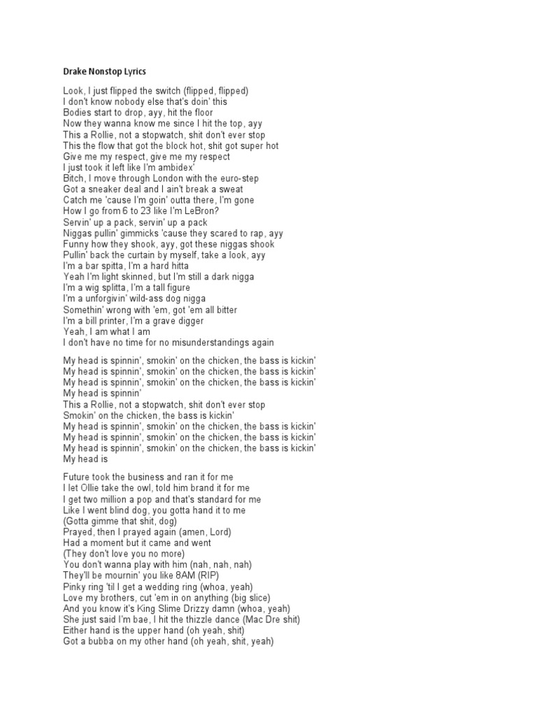 Drake Nonstop Lyrics, PDF