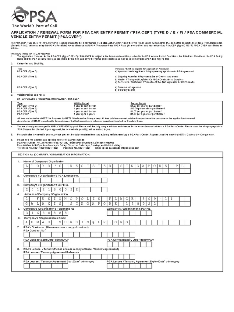 Application / Renewal Form For Psa Car Entry Permit (“Psa Cep”) (Type D