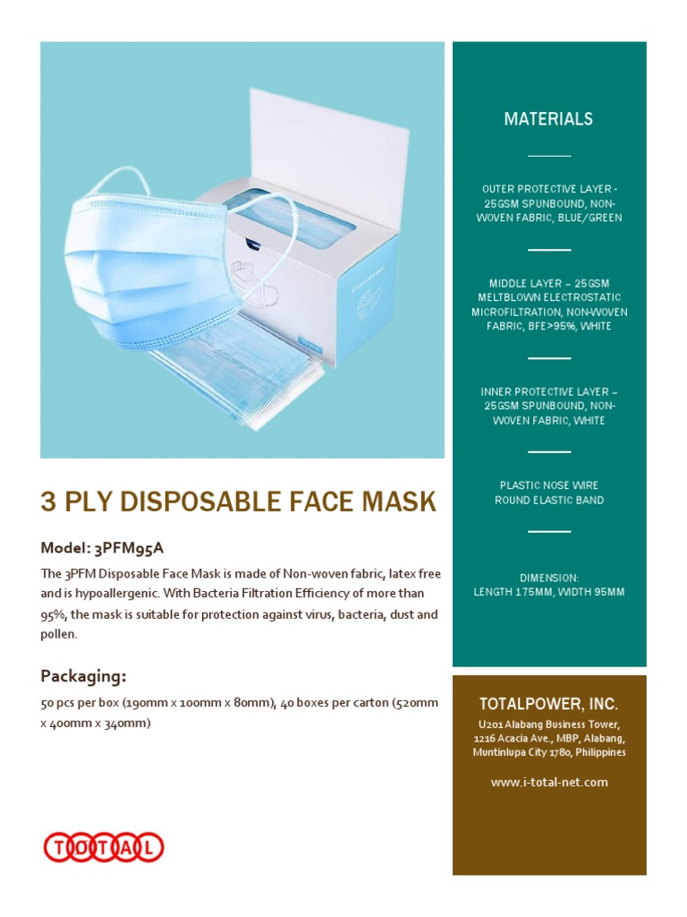 3-Ply Disposable Face Mask 95% BFE | PDF