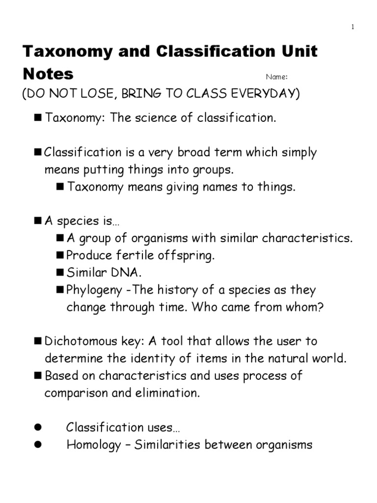 Taxonomy and Classification Unit Notes - Download entire educational ...