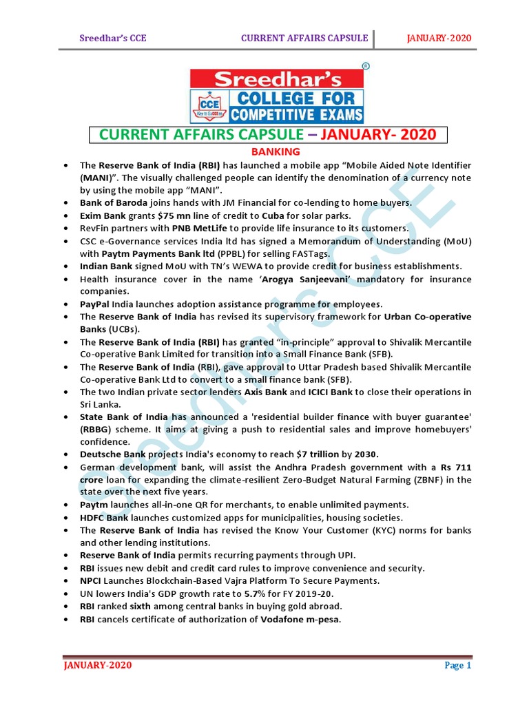 January 2020 Current Affairs Capsule | PDF | Reserve Bank Of India ...