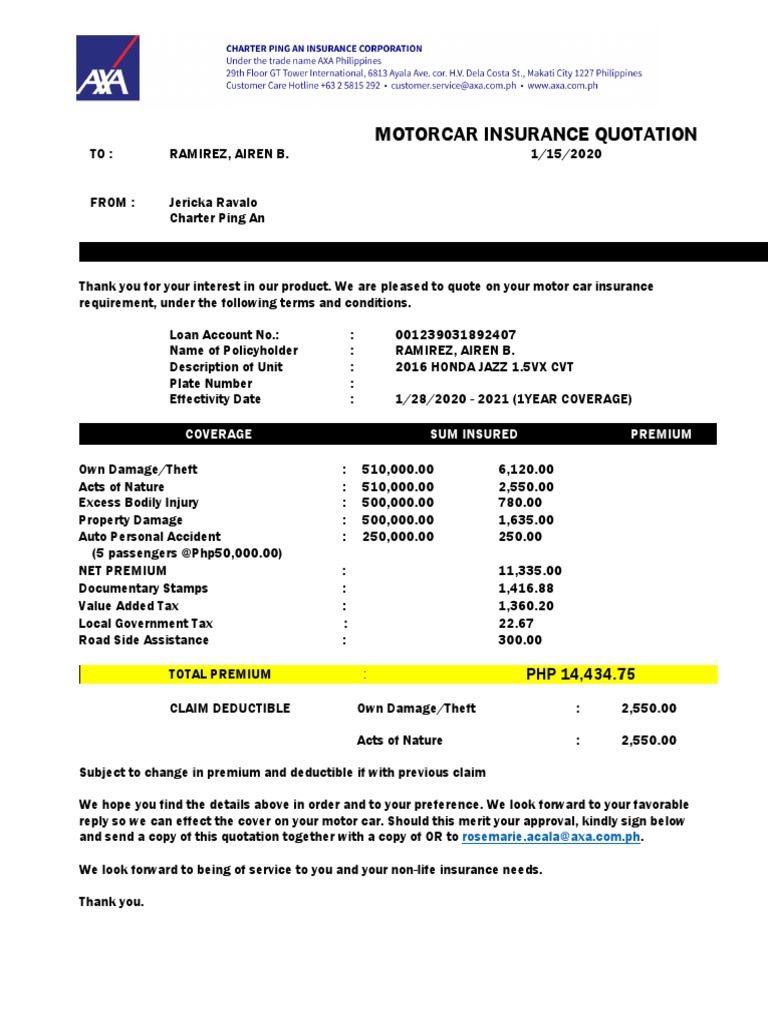 Motorcar Insurance Quotation: Coverage Sum Insured Premium | PDF ...