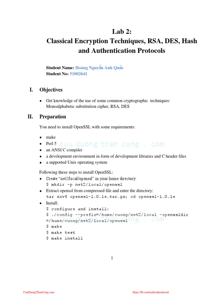 Lab 2: Classical Encryption Techniques, RSA, DES, Hash and ...