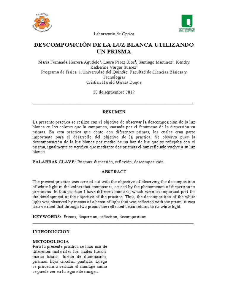 Lab de Optica Descomposicion de La Luz Blanca | PDF | Refracción | Ligero