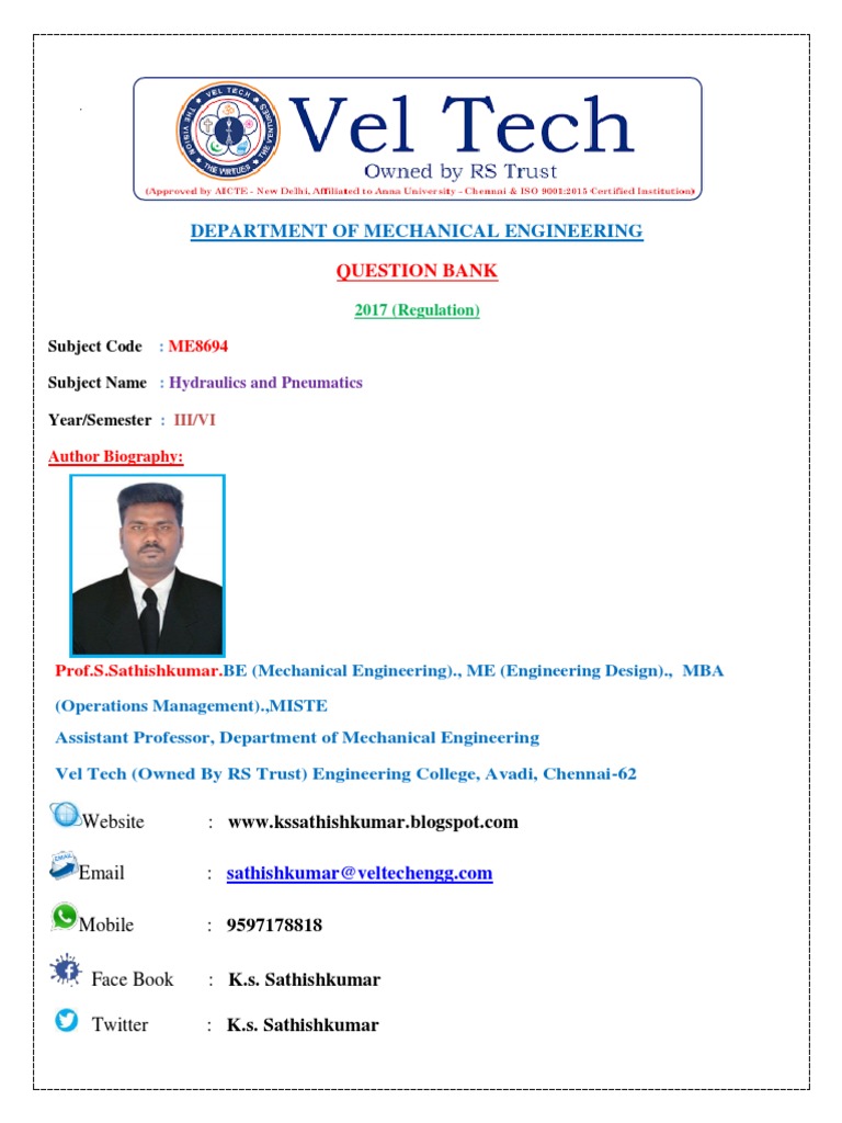 ME8694 Hydraulics and Pneumatics Question Bank PDF Pump Valve