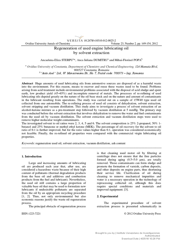 (Ovidius University Annals of Chemistry) Regeneration of Used Engine