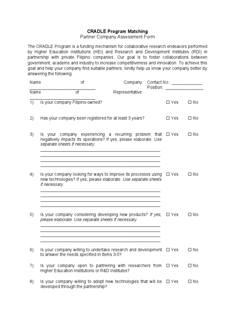 CRADLE Program Partner Assessment Form | PDF | Research And Development ...