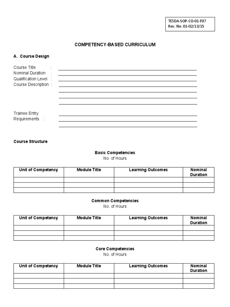 Competency-Based Curriculum: TESDA-SOP-CO-01-F07 Rev. No. 01-02/13/15 ...