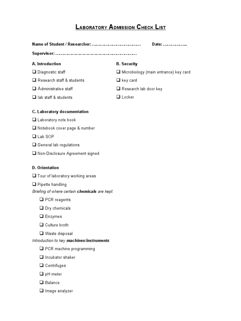 Laboratory Admission Checklist | PDF