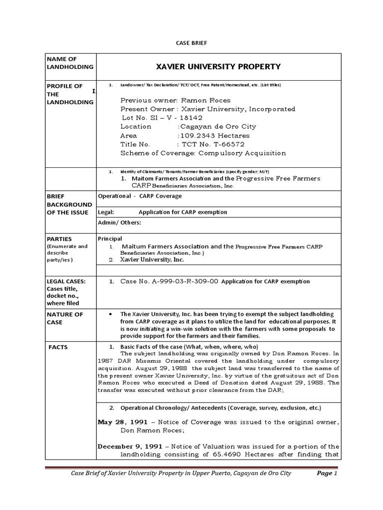 Xavier Case Brief Template | PDF | Eminent Domain | Public Sphere