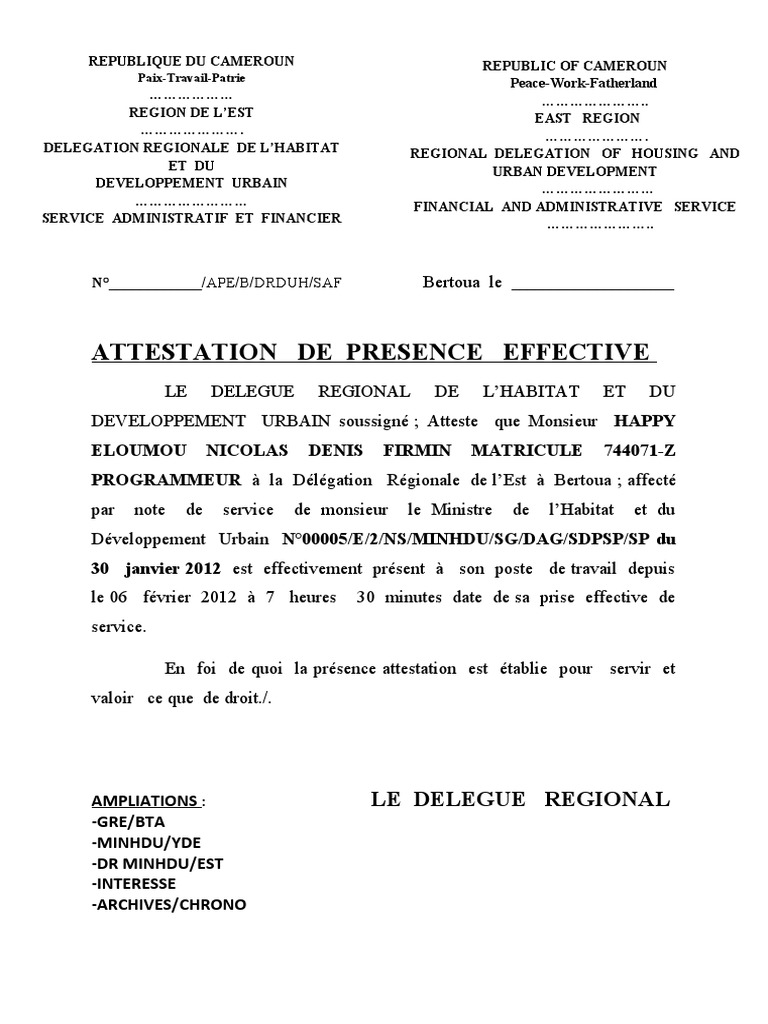 Attestation de Presence Effective Happy PDF