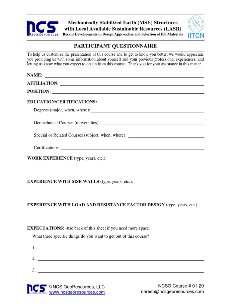 MSE Structures Course Participant Questionnaire | PDF