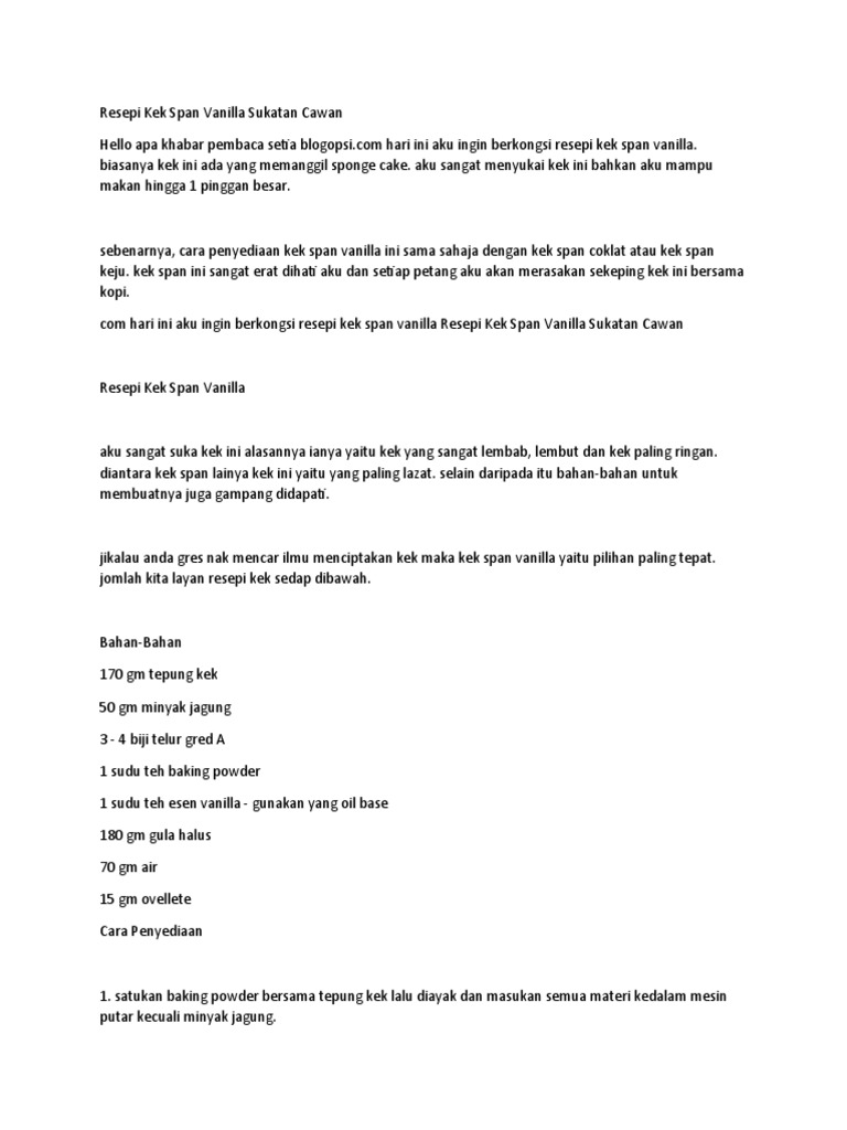 Resepi Kek Span Vanilla Sukatan Cawan Pdf