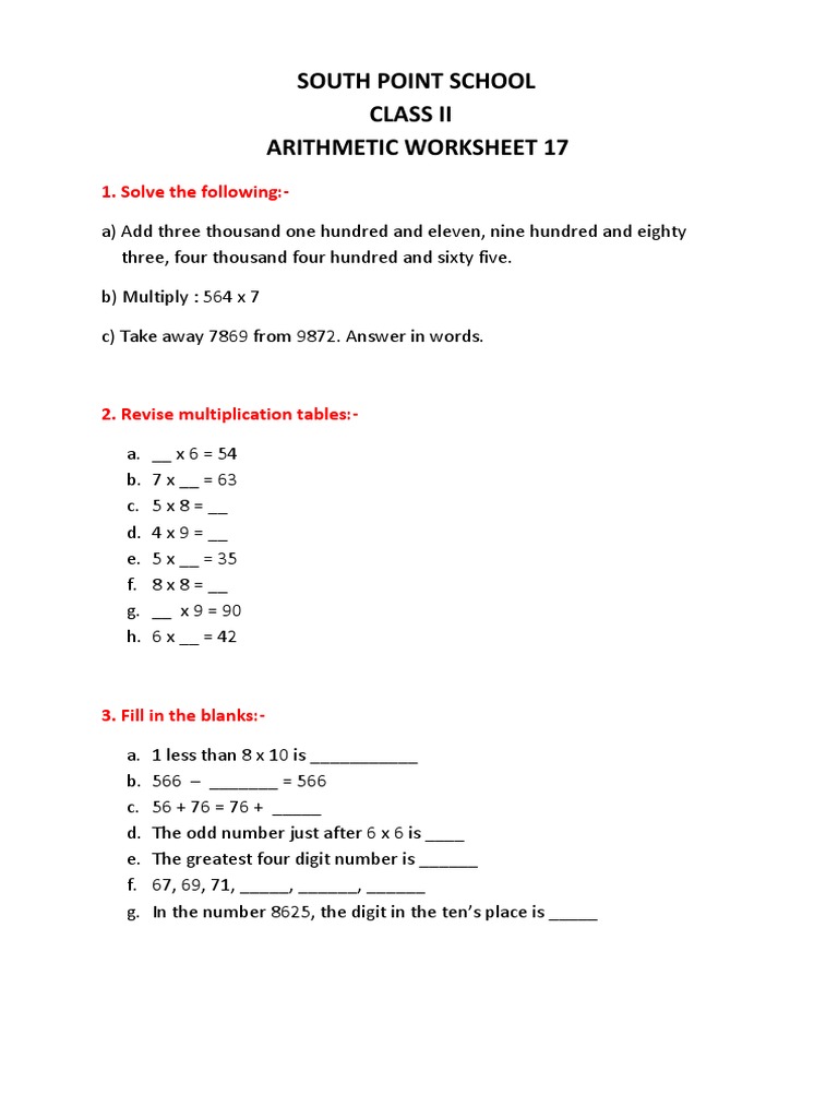 South Point School Class Ii Arithmetic Worksheet 17: 1. Solve The ...