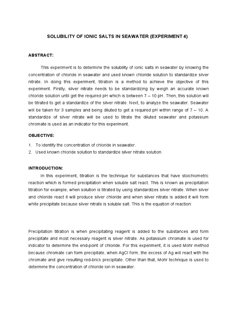 Ionic Salt Solubility in Seawater Experiment | PDF | Titration | Chemistry