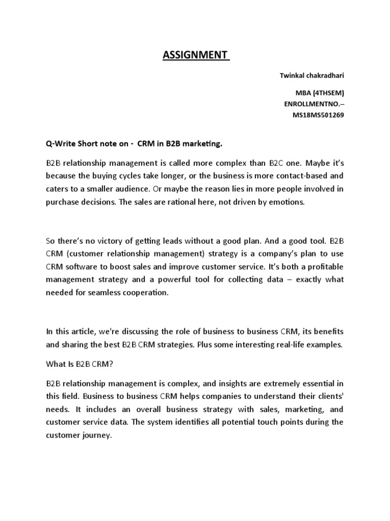 Assignment: Q-Write Short Note On - CRM in B2B Marketing | PDF ...