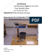 Lab Manual Course Title Fluid Mechanics Date 06-06-2020 Submitted by Yasir Mudakir Khan Registration Uw-18-Me-Bsc-026 Submitted To MR - Inzimam Shouqat Experiment 10: Archimedes' Principle