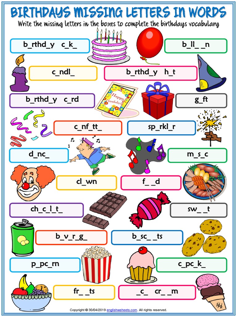 Birthdays Vocabulary Esl Missing Letters in Words Worksheet For Kids ...