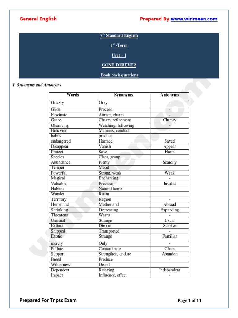 General English 7th STD Notes Part 1 PDF | PDF | Rhinoceros | Organisms