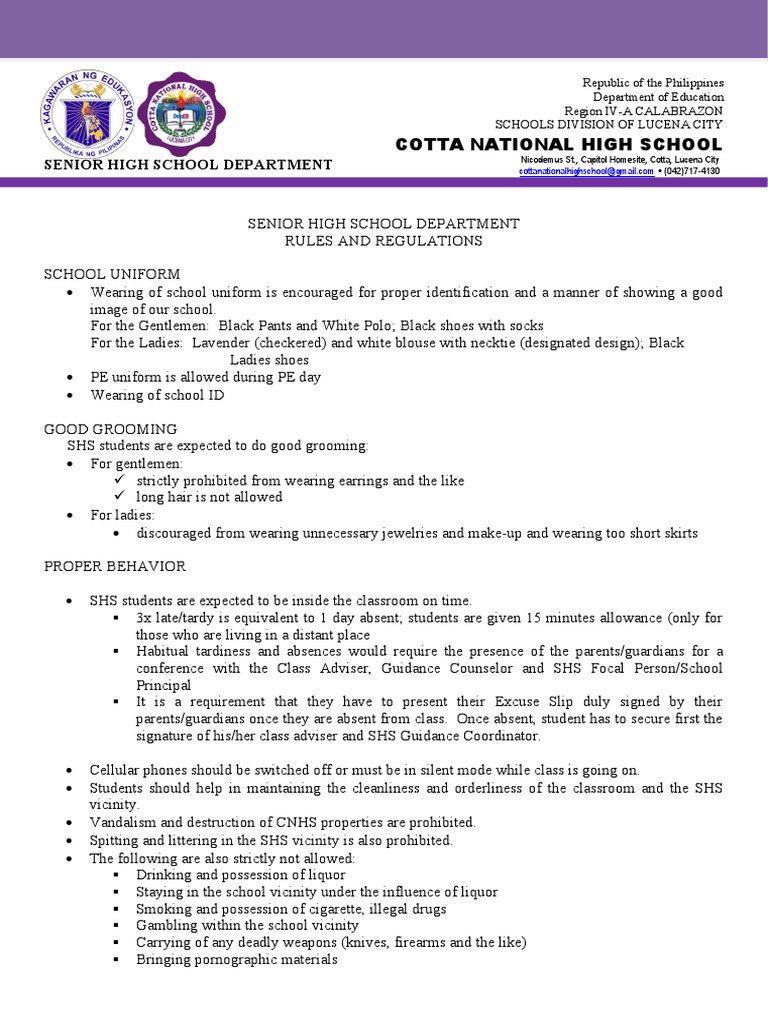 SHS Rules and Regulations Overview | PDF | Clothing | Schools