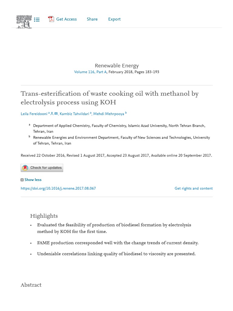 TransEsterification of Waste Cooking Oil With Methanol by Electrolysis