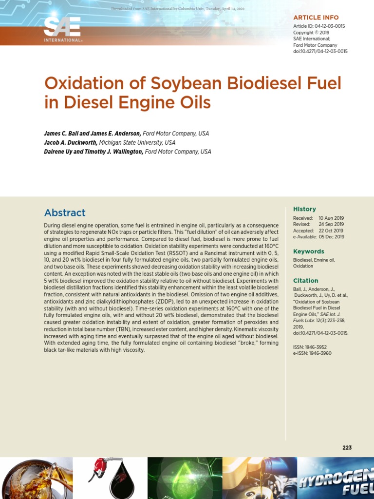 0412030015Oxidation of Soybean Biodiesel Fuel in Diesel Engine Oils