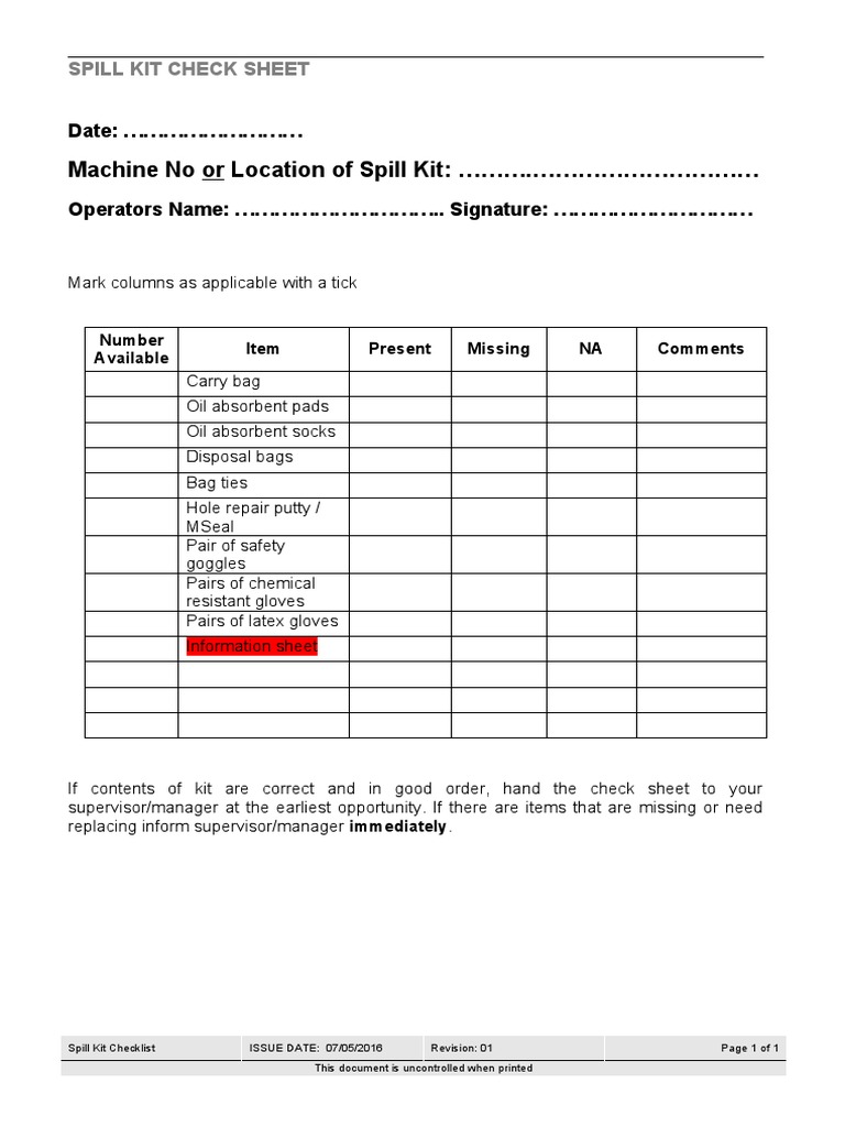 Spill Kit Inspection Form PDF, 58 OFF