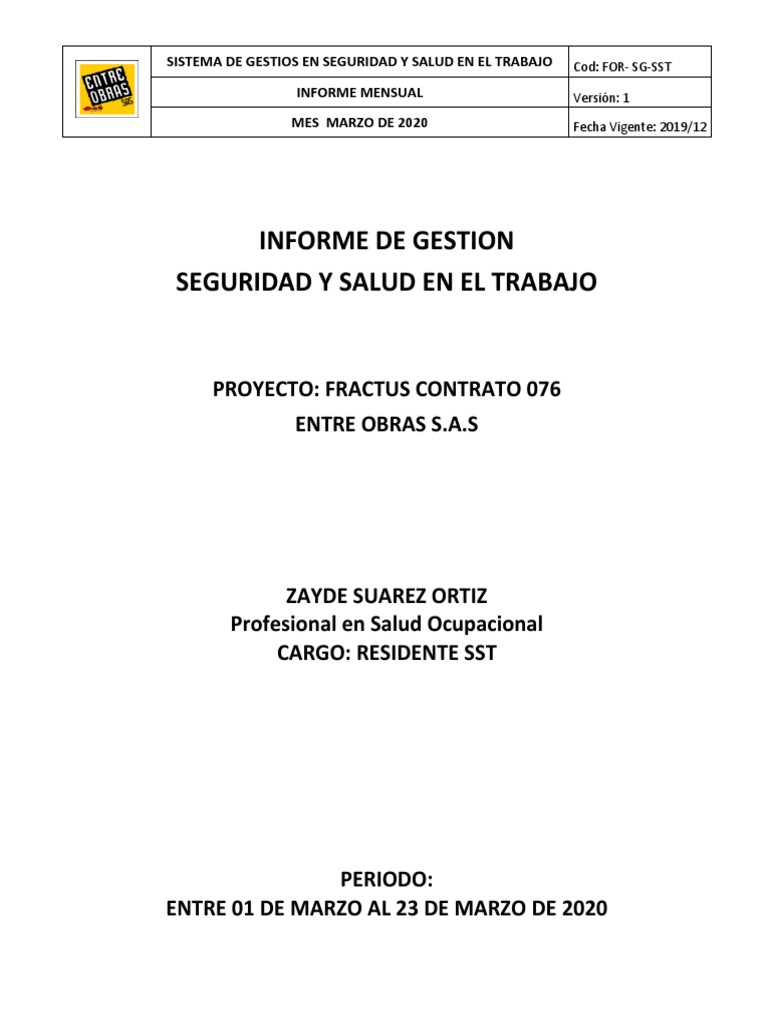 Informe Mensual SST - Proyecto FRACTUS | PDF | Seguridad y salud ...