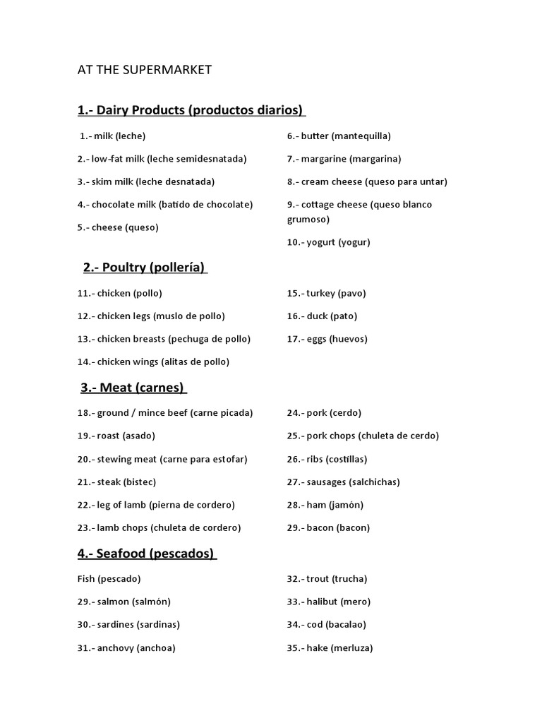 VOCABULARY Supermarket | PDF | Alimentos | Comida y bebida