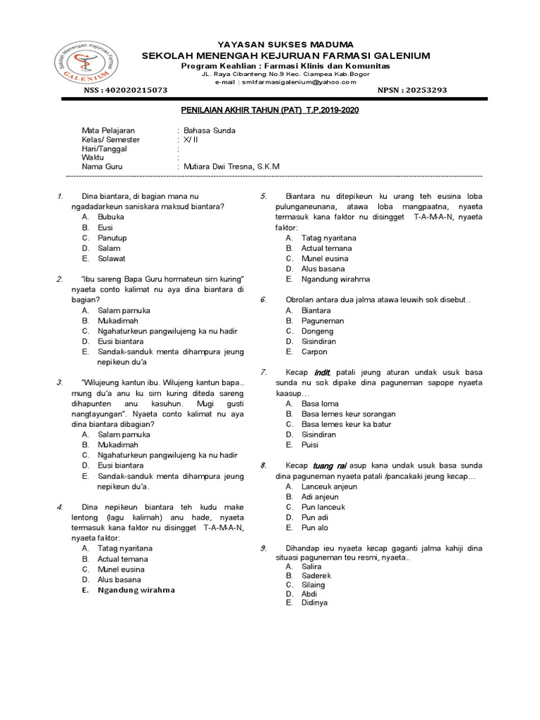 Soal Pat Kelas X Basa Sunda
