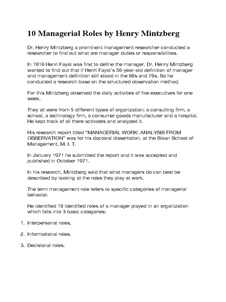 Mintzberg's 10 Managerial Roles Explained | PDF | Information ...
