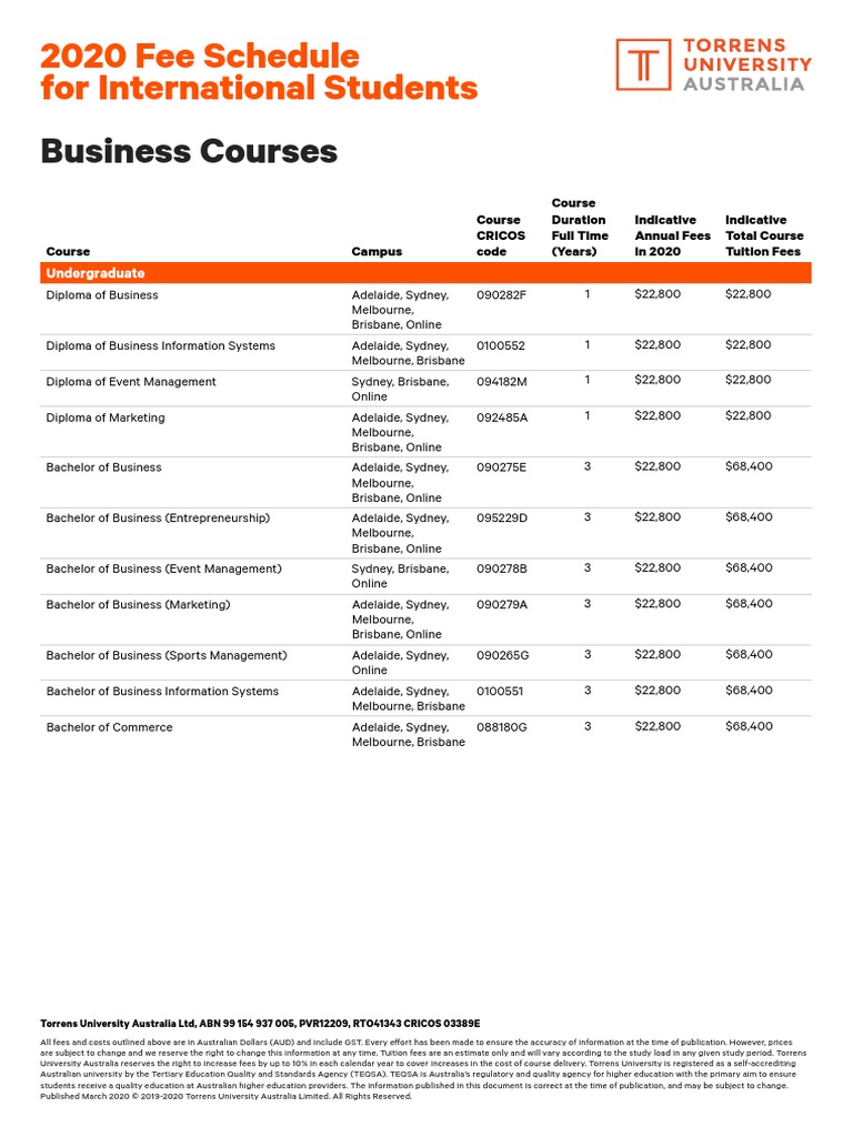 Business Courses 2020 Fee Schedule For International Students Pdf