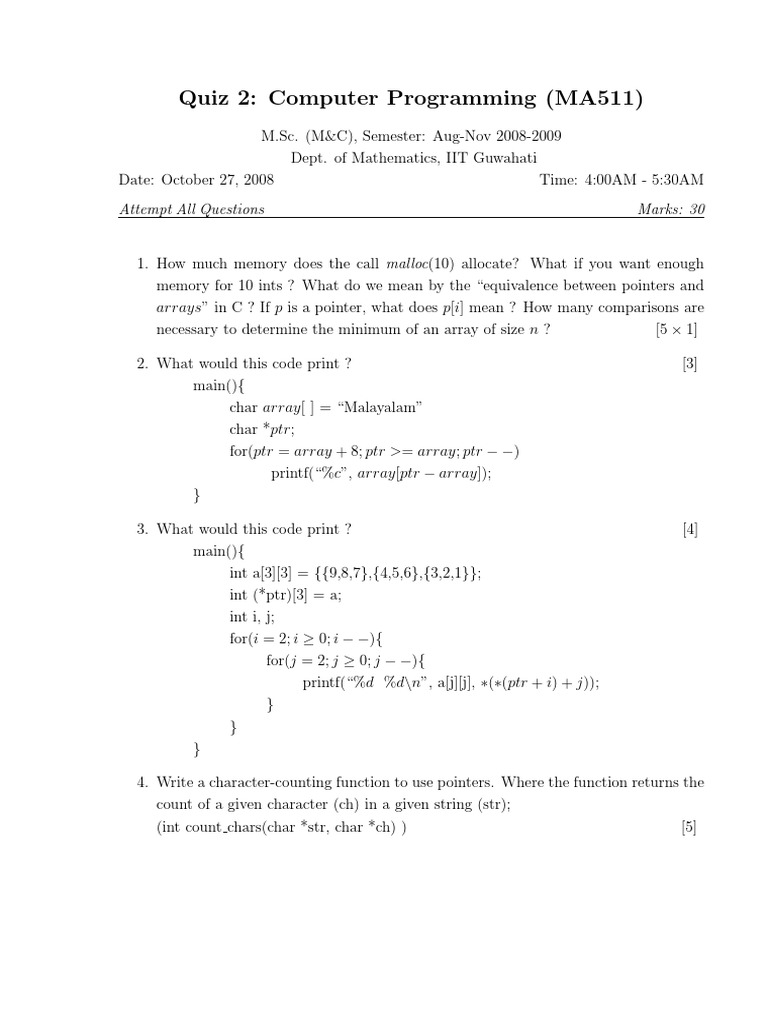 Quiz 2: Computer Programming (MA511) : Attempt All Questions Marks: 30 ...