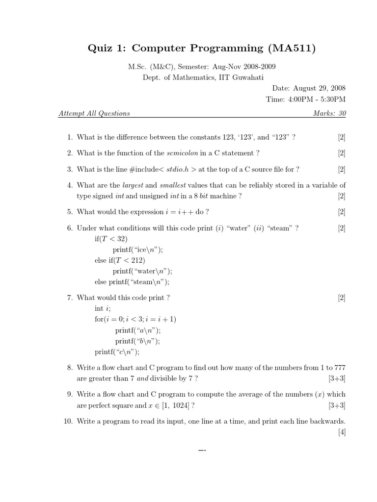 MA511 Computer Programming Quiz 1 | PDF | Computers | Technology ...