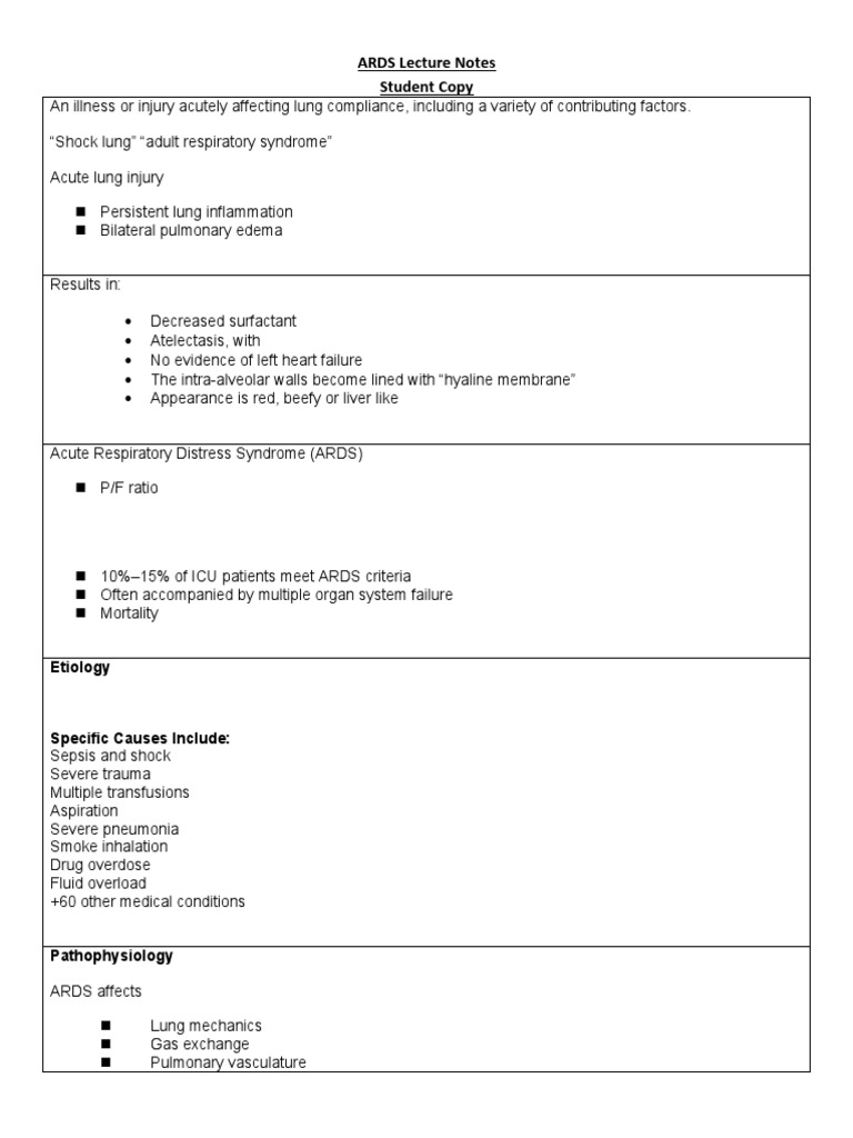 ARDS Lecture Notes Overview | PDF | Respiration | Health Sciences