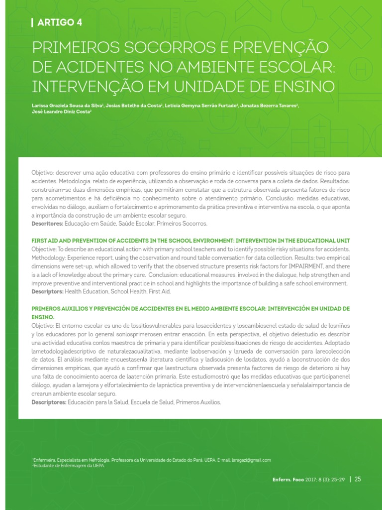 Primeiros Socorros E Prevenção De Acidentes No Ambiente Escolar Pdf