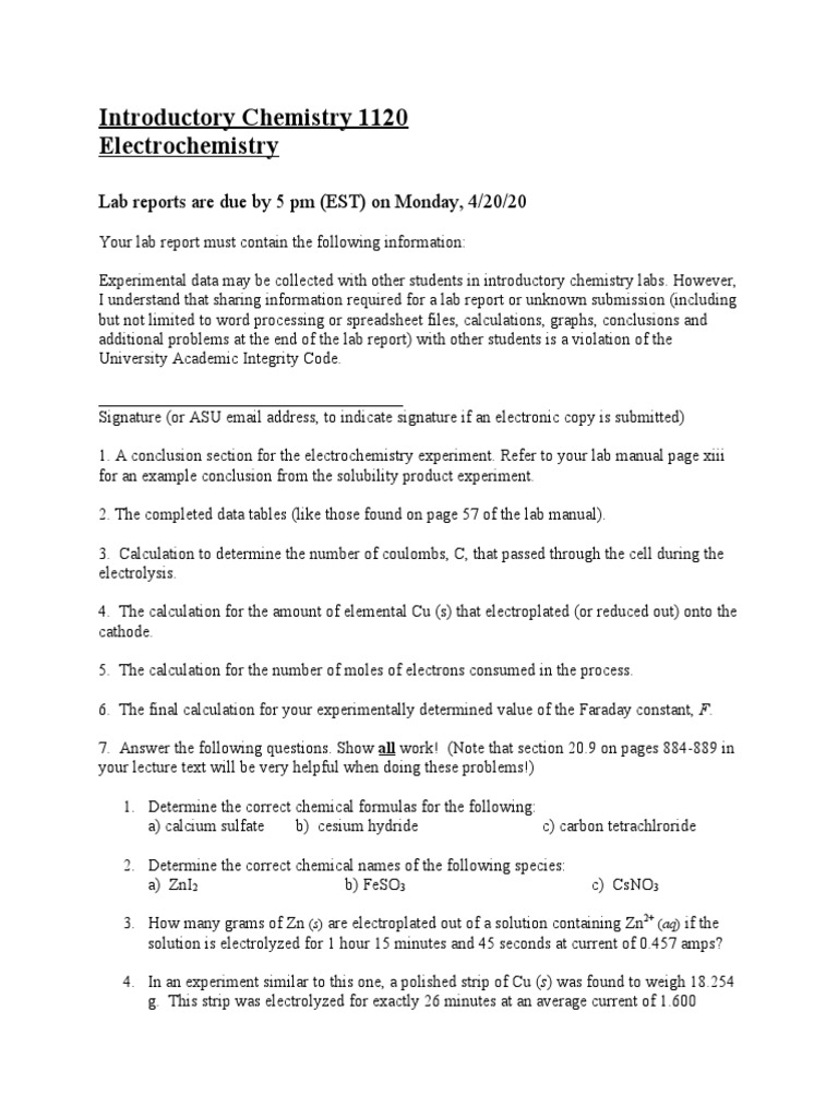 Introductory Chemistry 1120 Electrochemistry Lab Reports Are Due by 5