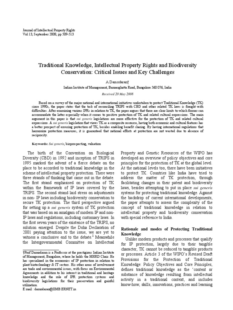 Traditional Knowledge Ipr And Biodiversity Conservation Issues And