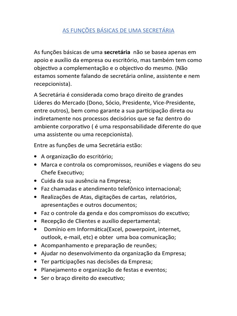 As Funções Básicas Da Secretária Executiva – MVQL
