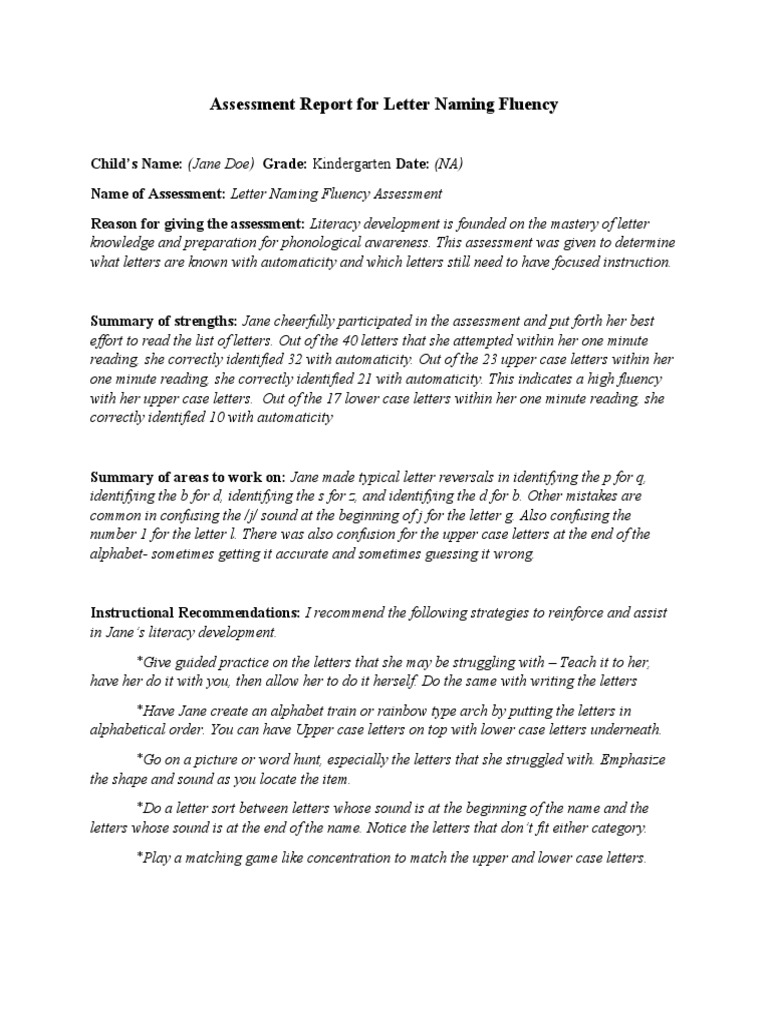 Letter Naming Fluency Assessment Report | PDF