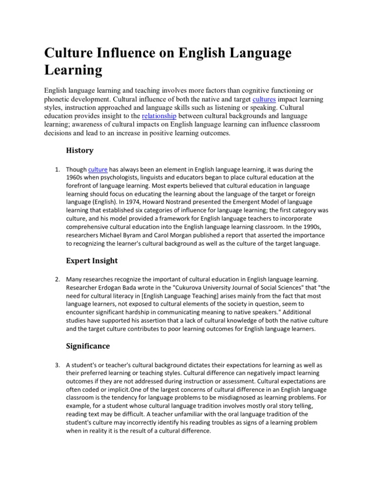Cultural Impact on English Learning | PDF | Language Education | Teachers