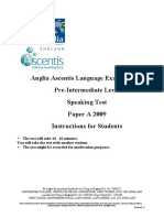Anglia Ascentis Language Examinations Pre-Intermediate Level Speaking Test Paper A 2009 Instructions For Students