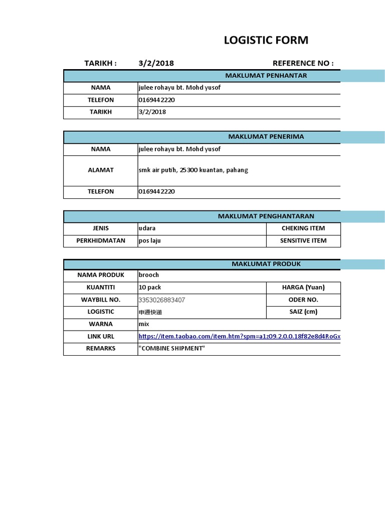 Logistic Form | PDF